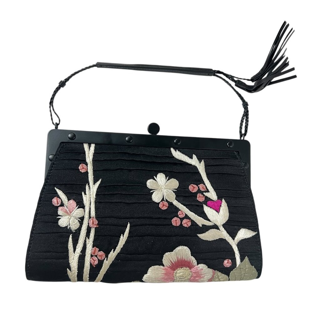 Gucci VINTAGE '03 Black Satin Pleated Multi Embroidered Tassel Mini Shoulder Bag - Picture 7 of 12
